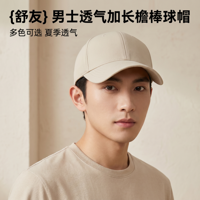 [主图 1] 男士休闲加长檐棒球帽商品首图。
[氛围风格] 简约高级商业电商摄影风格，自然高级松弛感
[画质] 商业摄影质感、光线柔和通透、产品清晰真实、画面干净高级。
[元素] 亚裔男模特正面胸部以预览效果