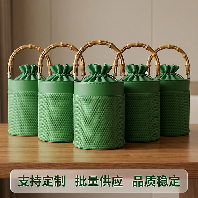 [主图 5] 粽子袋多规格展示，桌面上摆放多个同款式粽子袋，适配酒店伴手礼批量采购需求。保持单个粽子袋产品外观（物理结构、材质质感、绿色）与输入产品图绝对一致，去掉袋子上所有文字，杜绝任何变形和色差，精细化处理。多个粽子袋整齐摆放在明亮高级酒店原木桌面上，背景简洁干净。商品主体占比严格控制在70%左右，画面满屏无边框。商业摄影质感、光线柔和通透、产品清晰真实、画面干净高级。光影：均匀柔和室内光，每个产品阴影自然，层次分明。配色：绿色粽子袋搭配原木色桌面，干净清爽高级。视角构图：平视正拍，整体摆放整齐美观，景深适中。文字版式：画面底部设置半透明悬浮条（两端留空），横向排列服务卖点：「支持定制 批量供应 品质稳定」，深绿色文字清晰易读。比例分辨率：1:1 比例，2k 分辨率，文字清晰锐利，画面超高清。负向提示词：变形，水印，文字错乱，产品图模糊，背景杂乱，保留袋子原有文字
