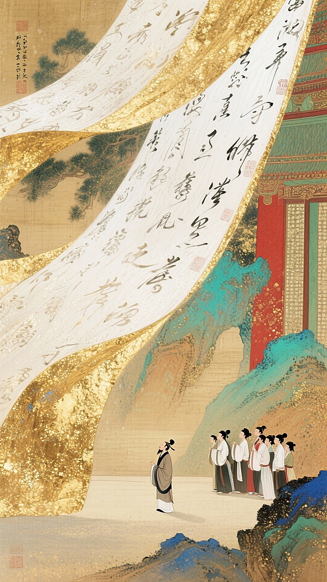 工笔细腻，鎏金岩彩交织，水墨山水与书法卷轴共舞，古典中式雅韵中透出文人诗意，营造出优雅文艺的东方美学意境。