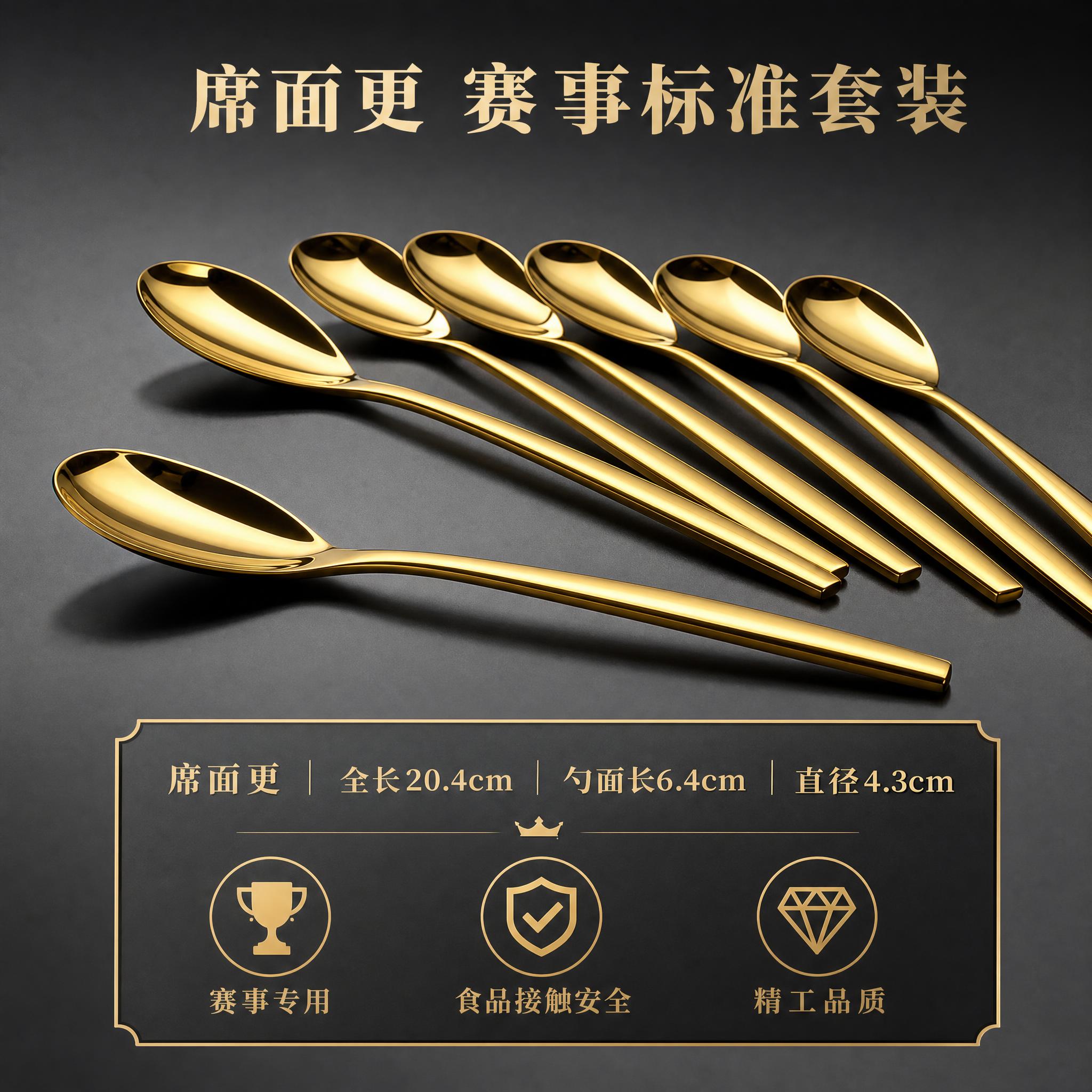 电商主图第五张，金色勺子套装展示与规格总览图。深灰色高端背景，… - 图片创意预览