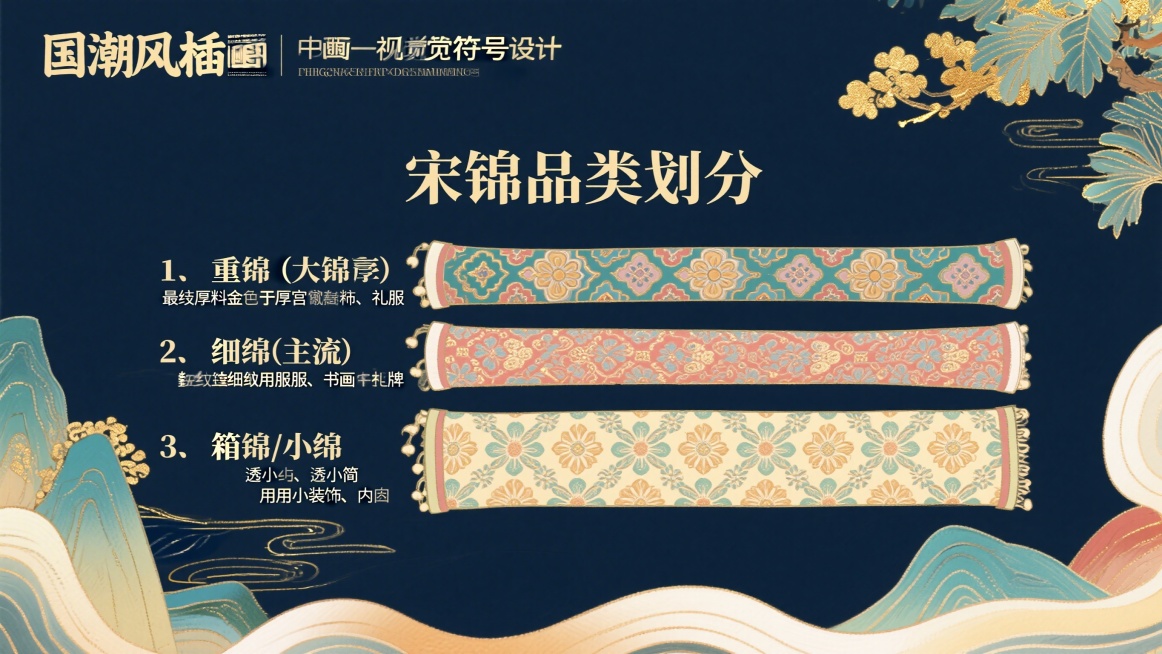 PPT页面设计，标题“宋锦品类划分”，内容分为三类：1.重锦（大锦）：最厚重，用料华贵，用于宫廷陈设、礼服；2.细锦（主流）：厚薄适中，纹样细腻，用于服饰、书画装裱；3.匣锦/小锦：轻薄小巧，纹样简洁预览效果