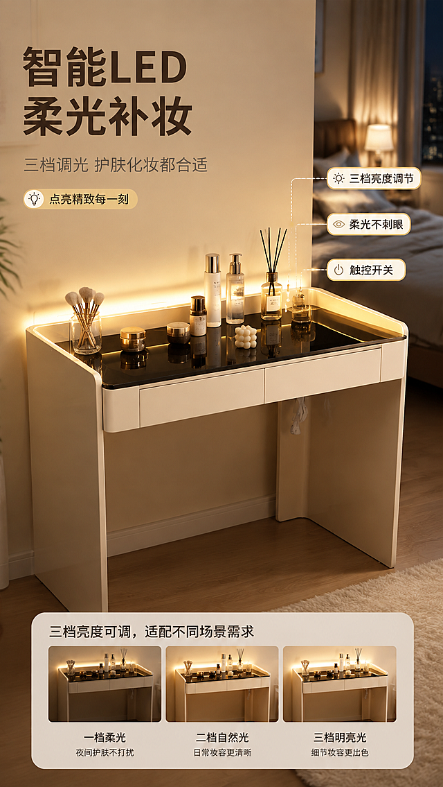 [商品] 使用【图1】DZ-8812梳妆台；保留奶白色柜体、黑色玻璃台面、双抽屉、整体结构与比例；商品处理：在玻璃台面后方增加LED智能灯带发光效果（暖白光），灯带沿梳妆台后边缘延伸，光线柔和均匀，不改变柜体原有结构。
[画面] 目标：LED智能光源功能亮点页。场景嵌入型构图，奶油风卧室梳妆场景，梳妆台置于画面中央偏下，产品占画面约60%。LED灯带点亮，暖白色光线柔和漫射，在墙面与玻璃台面上形成温柔光晕。前景摆放化妆品、香薰瓶等梳妆道具，后景虚化床头与窗帘，夜晚氛围。
[视觉] 套系策略：风格=奶油轻奢现代商业摄影；标题字=现代无衬线粗体（思源黑体Heavy）；正文字=简洁无衬线体（思源黑体Regular）；主色=奶白米杏；背景延展=基于奶白米杏做深浅层级、同色渐变和细腻墙面/织物质感；强调色=暖黄光，仅用于LED光源效果与小面积图标引线；标题色=深炭棕；正文色=中暖灰；组件=圆角浅底信息卡、细线引线、胶囊形卖点框；光影=LED暖白光为主光源，环境低亮度，营造夜晚氛围感。
[文字] 左上区域：主标题「智能LED 柔光补妆」（8字），副标题「三档调光 护肤化妆都合适」（12字）。右侧用细线引线标注3个功能点：「三档亮度调节」「柔光不刺眼」「触控开关」。文字不遮挡产品主体与LED发光区域。
[规格] 淘宝/天猫详情页，单屏比例9:16竖版，分辨率4K，中文简体，避免变形、错字、文字过小、冷蓝背景、产品颜色改变、结构失真、极限词。