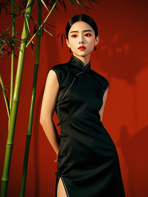 一个黑色旗袍的女生，竹子，正面，红色背景预览效果