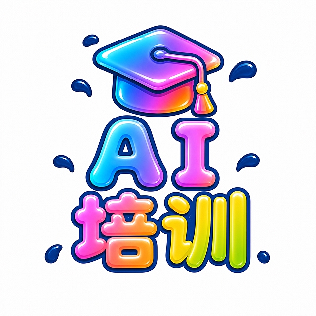 白色背景，干净的背景，按键图标设计，液态水花泼溅果冻风格，与参考图风格完全一致：圆润饱满的水滴果冻质感、深蓝色粗描边、彩虹渐变填充（蓝紫粉橙黄）、高光光泽效果、周围点缀飞溅的深蓝色水滴。图标为圆角不规则液态形状，去掉水滴底色背景，图标内部上方放置一个可爱卡通风格的培训毕业帽/学士帽图标（圆润可爱，彩虹渐变果冻质感，深蓝色描边），下方放置"AI培训"四个字，文字分为上下两排：上排"AI"，下排"培训"，字体为圆润可爱的圆体，彩虹渐变填充，深蓝色描边，整体风格活泼俏皮充满潮玩感。画面中只能出现"AI培训"这四个字和培训图标，不得增加、遗漏或替换任何一个字。图标整体必须完整呈现在画面内不可被裁切，四周留有安全边距。比例1:1