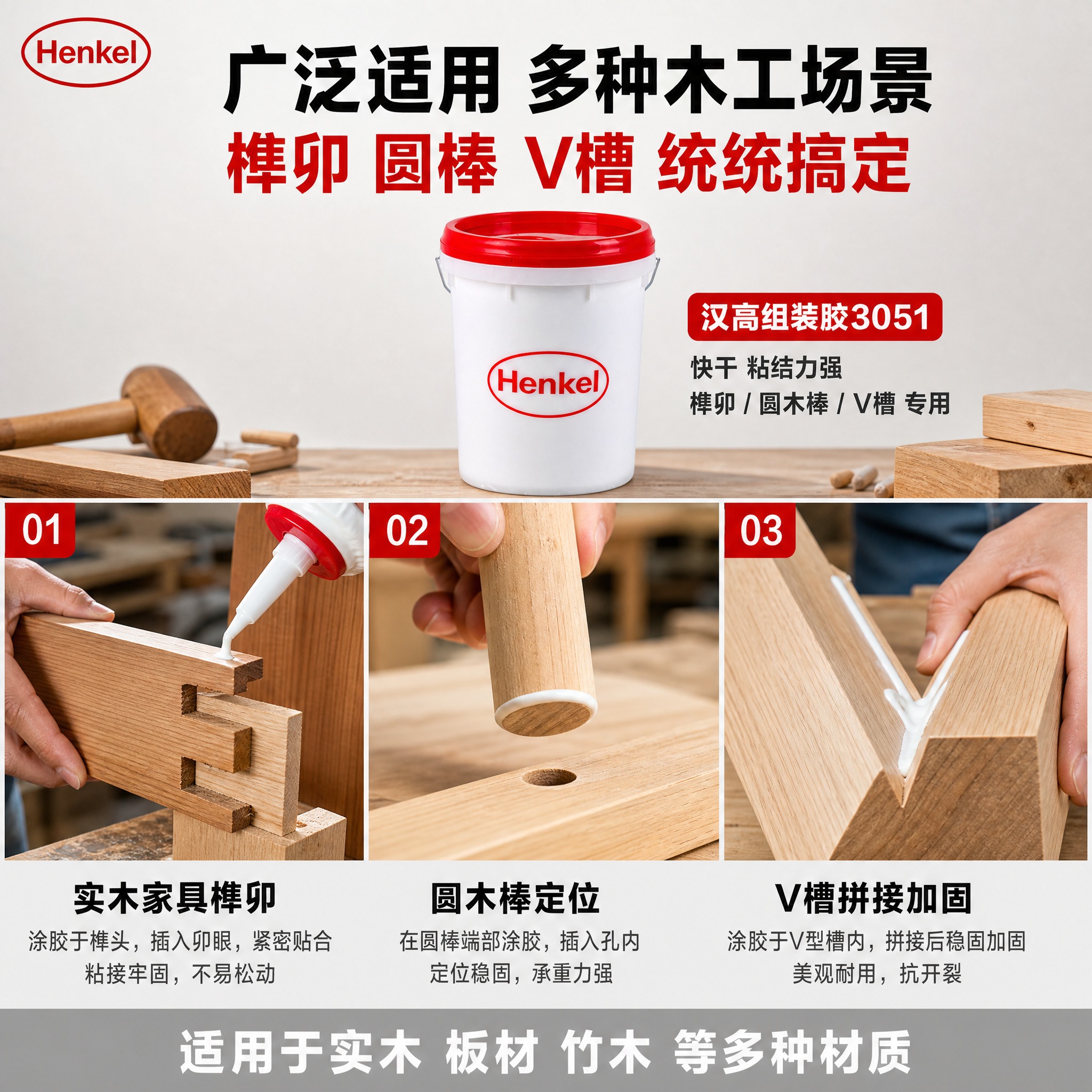 [主图-4] 场景适用与操作图，展示汉高组装胶3051在木工家… - 图片创意预览