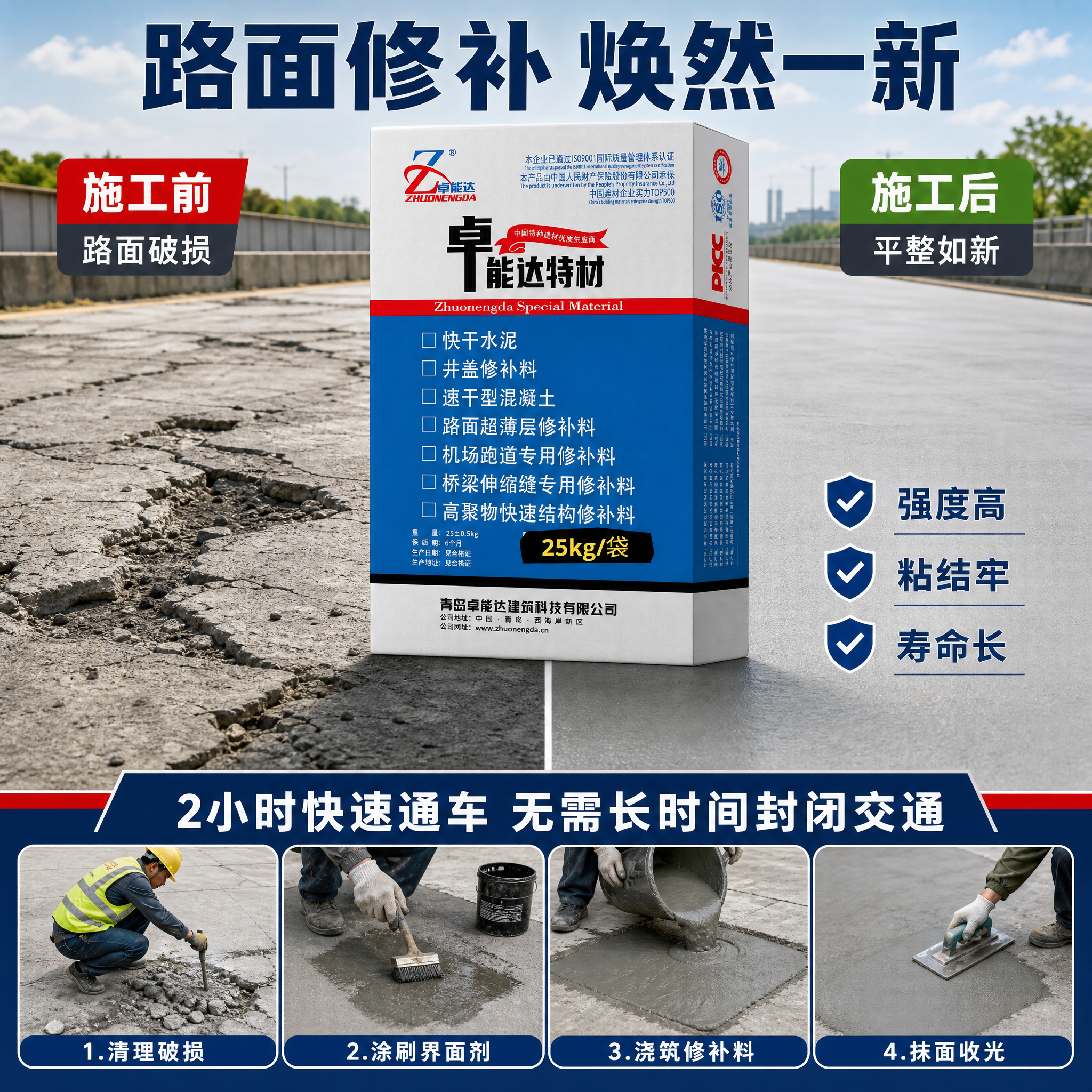 [主图-3] 卓能达特材 快干水泥路面修补料 施工前后对比效果… - 图片创意预览