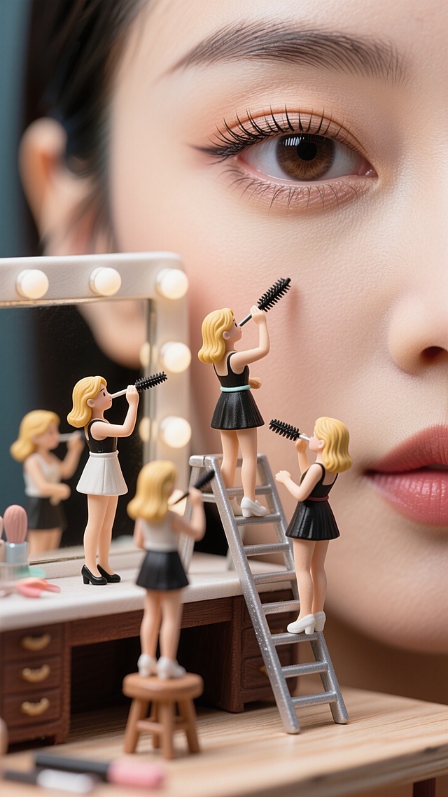 4位身着时尚短裙、金发的迷你女性站在化妆台的梯子上围绕在人眼周围用睫毛刷进行眼部化妆，背景为脸部皮肤和眉毛，脸部轮廓清晰，可以看出来人物是一个中国美女，睫毛款式是自然单根