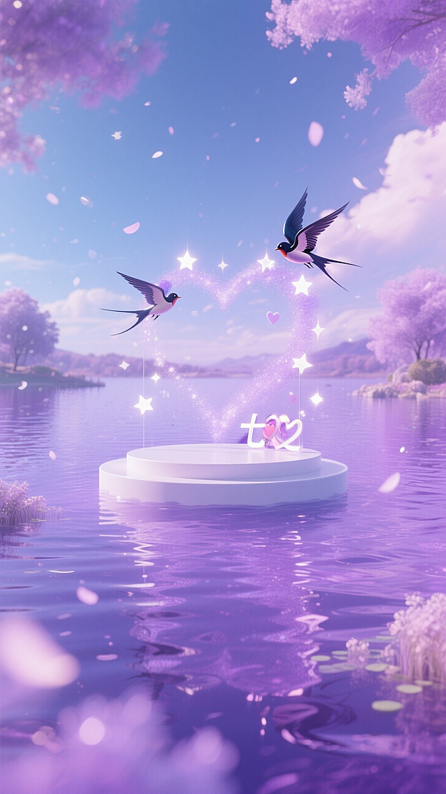 紫色的浅水湖面，中间有个白色圆形展台，酸性风格，七夕元素，柔光粒子飘散。