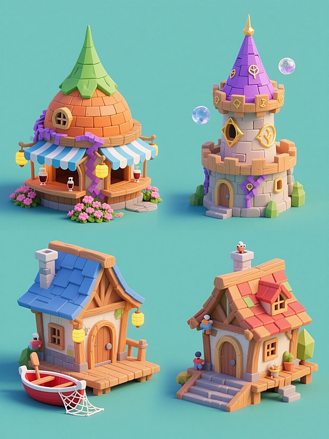 四个同风格规整排布的Q版卡通建筑系列素材，保持低多边形3D建模风格、手绘质感、暖色调光影、俯视45度角构图和纯色背景，分别为：1.绿色尖顶木质酒馆建筑，搭配粉色花丛与蓝色遮阳棚；2.橙色圆顶砖石城堡建筑，周围环绕紫色藤蔓与黄色灯笼；3.蓝色平顶渔村小屋建筑，门前摆放红色渔船与白色渔网；4.紫色尖塔魔法塔楼建筑，点缀金色符文与漂浮水晶球，所有建筑均保留木质纹理、错落屋顶、微型人物和阶梯细节，整体画面