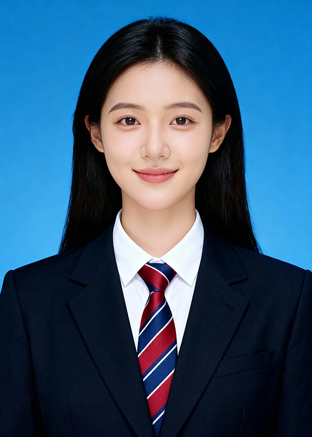 简约红格领带求职女生蓝底证件照