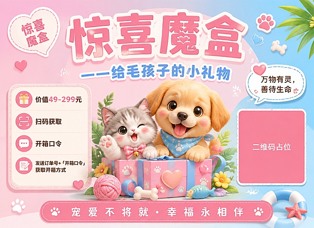 可爱猫咪狗狗从礼盒中探出，搭配粉色系插画风格，适合宠物用品促销活动宣传