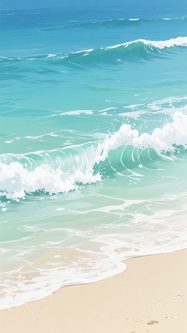 动漫风格插画，海浪拍打沙滩的近景特写，海水呈现渐变的薄荷绿至深海蓝，浪花为纯净的白色泡沫，具有半透明质感和流动的动态线条，细腻的笔触描绘出海水的层次感和波光粼粼的效果，沙滩是柔和的米黄色，带有湿润的光泽和自然的纹理，整体色调清新明快，画面充满夏日宁静治愈的氛围，构图采用横向延伸的海平面视角，海浪从画面上方涌来覆盖大部分区域，沙滩占据下方部分空间，形成鲜明的色彩对比和视觉平衡，没有文字和标识元素。