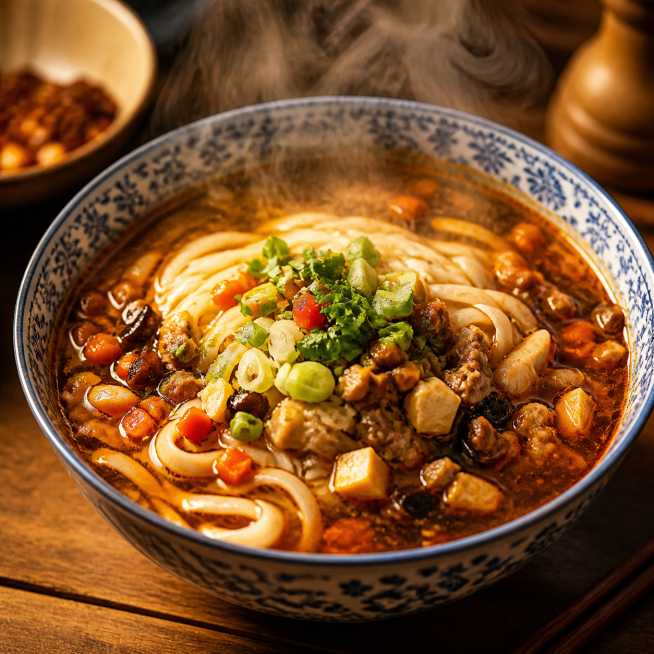 一碗臊子汤面放在桌子上，碗带有蓝色花边，热气腾腾，真实美食摄影，汤汁浓郁，面条筋道，暖色调预览效果