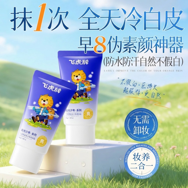 将图1中两款胶原蛋白素颜霜完全替换为图2的飞虎牌追光少年素颜霜，保持一斜一正前后摆放的原图构图，大小层级和原图一致。保留原图所有标题和卖点文字内容、排版及位置不变：“抹1次 全天冷白皮”、“早8伪素颜预览效果