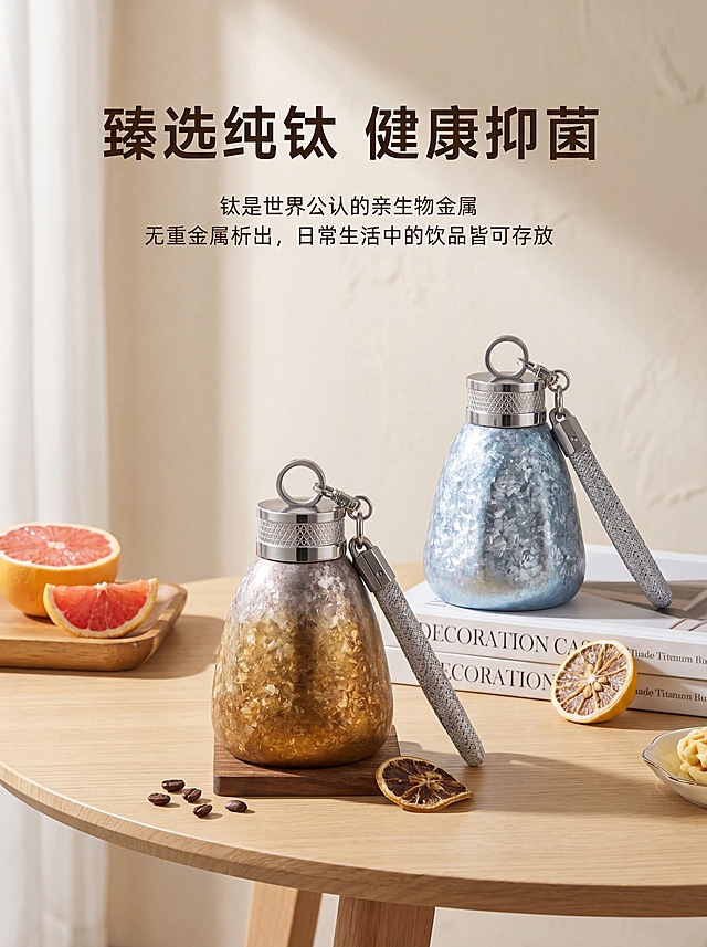 展示两款不同颜色纯钛小胖杯，冰蓝色结晶款和金棕渐变结晶款，均为不锈钢壶盖配灰色编织挂绳。保持每个杯子各自物理结构绝对不变，严禁扭曲形态、改变颜色和材质，两个杯子尺寸大小一致。
简约浅原木桌面展示，浅暖米色背景，顶部保留标题文字 "臻选纯钛 健康抑菌"，副标题 "钛是世界公认的亲生物金属，无重金属析出，日常生活中的饮品皆可存放"，遵循参考图版式构图，一主一辅层次分明。
柔和漫射侧窗光，产品受光面泛起米暖色，暗部及边缘映射浅原木色光晕，绝对禁止纯白高光，彻底物理融合，画面明亮干净低对比度。
搭配西柚切片和干柠檬片点缀，咖啡豆散落桌面，主杯放在木质杯垫上，背景搭配书籍，营造清新生活氛围感，保持参考图的自然场景布局。
参考参考图结构相似度80%，保持简约生活风，保留文字排版区域，微调道具位置，重构背景纹理。
严格锁定宽高比为3:4，商业电商种草图，干净简约风格，4K分辨率。