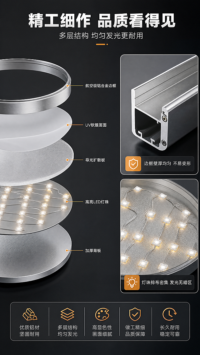 [商品] 使用【图1】灯箱铝框截面、【图8】灯箱背面LED灯珠排布、【图6】多尺寸边框叠放；保留铝合金边框厚度、LED灯珠排列方式、背板结构、导光板层次；商品处理：去除工厂桌面和杂物背景，保留产品结构原貌，局部放大关键结构细节，增强金属质感和工艺精细度，不改变结构比例。
[画面] 目标：结构材质拆解页，证明工艺品质。构图：左侧纵向放灯箱剖面分层示意图（从外到内：铝合金边框→软膜层→导光/扩散层→LED灯珠层→背板），每层用引线标注；右侧上方放铝合金边框截面特写，右侧下方放LED灯珠排布特写；景别：结构展示页+局部微距；前景为结构标注引线，中景为各部件拆解图，背景为深灰渐变；阅读动线：从左到右，先看整体分层，再看细节特写。
[视觉] 套系策略：风格=现代商业工业风+高端广告器材质感；标题字=粗黑体无衬线；正文字=思源黑体常规；主色=金属银灰+深灰；背景延展=深灰到炭黑渐变背景，突出金属结构；强调色=暖橙金，仅用于小面积图标、引线、标签和发光点缀；标题色=纯白；正文色=浅银灰；组件=圆角深色信息卡、细银线引线标注、局部放大框；光影=侧光突出金属边框立体感和厚度，LED灯珠微发光效果。
[文字] 顶部主标题：精工细作 品质看得见；副标题：多层结构 均匀发光更耐用；分层标注文字横排：【航空级铝合金边框】【UV软膜画面】【导光扩散板】【高亮LED灯珠】【加厚背板】；右侧特写配短说明：边框壁厚均匀 不易变形 / 灯珠排布密集 发光无暗区；所有文字横排，引线标注清晰。
[规格] 图片比例9:16竖版，4K分辨率，负向提示：避免工厂背景、杂物、文字模糊、结构错乱、产品变形、极限词、二维码、水印。