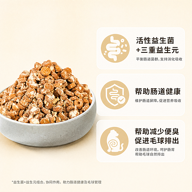 [主图-3] 鲜肉蛋酥奶霜猫粮肠胃健康卖点图，左侧放碗装猫粮颗粒实物图，右侧三个卡片标注：活性益生菌+三重益生元、帮助肠道健康、帮助减少便臭促进毛球排出，保持颗粒真实质感，浅米白底，排版清晰，文字可读，无夸张违禁词，1:1构图。