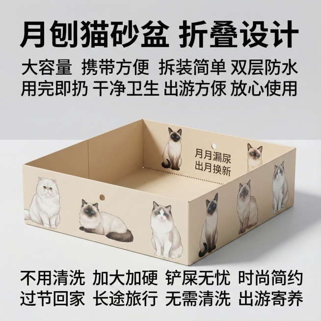 这张图片是产品主体这款产品是一次性猫砂盆 产品主体颜色不改变 我需要设计20张主图在拼多多上面售卖   主图场景布局设计用小猫等 等背景元素 需要显得高级一些主图文案内容 月刨猫砂盆 折叠设计 大容量预览效果