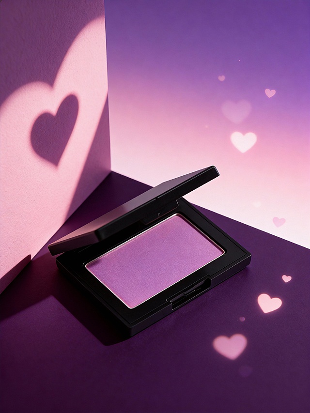 浪漫轻奢风商业产品摄影风格，画面以浅渐变紫粉色为背景主色调，整体色调柔和且富有高级感。采用俯视斜拍的视角，主体置于画面中下部的深紫色哑光靠墙平面上，左侧是粉紫色墙面，呈自然倾斜角度。光投射爱心形状的光在墙面上，边上点缀一点小爱心光斑，光影采用柔和，与背景色调自然融合。