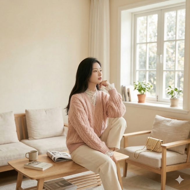 保持同一个浅米色墙面+原木家具的室内背景，生成同款模特穿着粉色软糯绞花毛衣搭配蕾丝内搭服饰的全新不同姿势图片，和已生成姿势均不重复，保留原有柔和自然光和暖调光影，保持极简日系+韩系温柔风格，维持慵懒舒预览效果