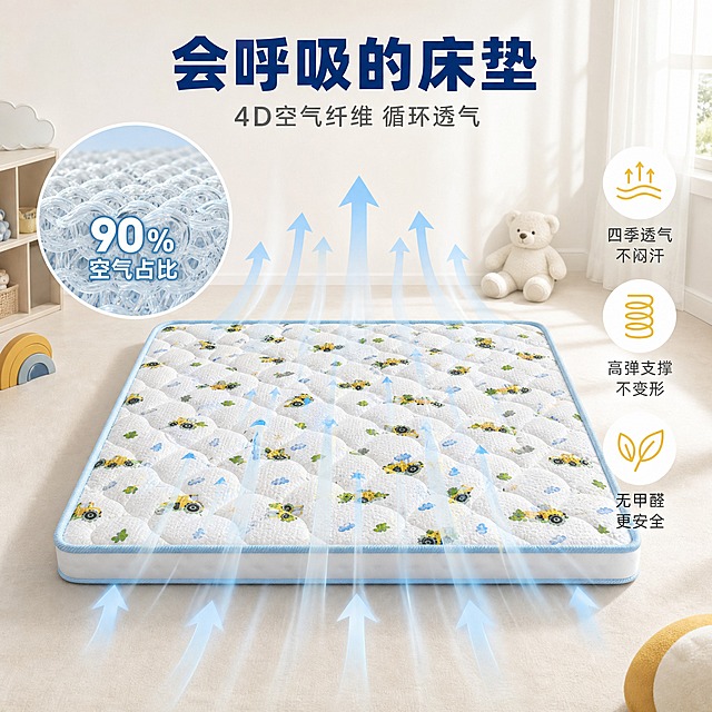 [主图-4] 4D空气纤维儿童床垫 透气性能可视化展示 功能图
[统一基调] 简约大气品牌化风格 温馨儿童房暖调自然光 浅蓝与米白为主色 浅灰辅助色 明黄点缀色 无衬线粗体标题字 简洁图标 满版无边框 文字贴在场景负空间 不遮挡产品主体
[画面] 4D空气纤维儿童床垫平放展示 正面俯视微偏角度 床垫外观与输入图一致 白色绗缝面料印有工程车云朵图案 浅蓝色包边 主体占画面约60% 画面用动态气流箭头可视化展示透气效果 大量浅蓝色透明气流箭头从床垫底部向上穿过床垫 从表面散出 直观表现空气循环 床垫左侧放大一个圆形微距窗口 展示4D空气纤维的三维立体网状结构 窗口内标注"90%空气占比" 床垫右侧有三个竖向排列的图标加文字 从上到下分别为 透气图标+"四季透气不闷汗" 支撑图标+"高弹支撑不变形" 环保图标+"无甲醛更安全"
[光影质感] 商业摄影质感 均匀明亮的顶光 床垫表面平整 绗缝纹理清晰 气流箭头呈现半透明浅蓝色动态感 微距窗口内纤维结构清晰可见 有科技感
[配色] 背景纯净浅米色 标题字深蓝色 辅助文字深灰色 气流箭头浅蓝色 图标明黄色 整体清爽通透
[文字版式] 顶部居中主标题"会呼吸的床垫" 加粗深蓝色大字号 下方副标题"4D空气纤维 循环透气" 灰色小字号 右侧三个卖点图标+文字 竖向排列 图标在上 文字在下 对齐整齐 圆形微距窗口内文字为白色加浅蓝色描边
[输出要求] 1:1正方形比例 2K分辨率 产品清晰 透气效果可视化直观 文字清晰 无变形 无错字 无水印 无平台Logo