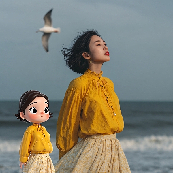 清新海边，真人与卡通形象同框，黄色衣裙呼应，动漫风设计，营造梦幻氛围。