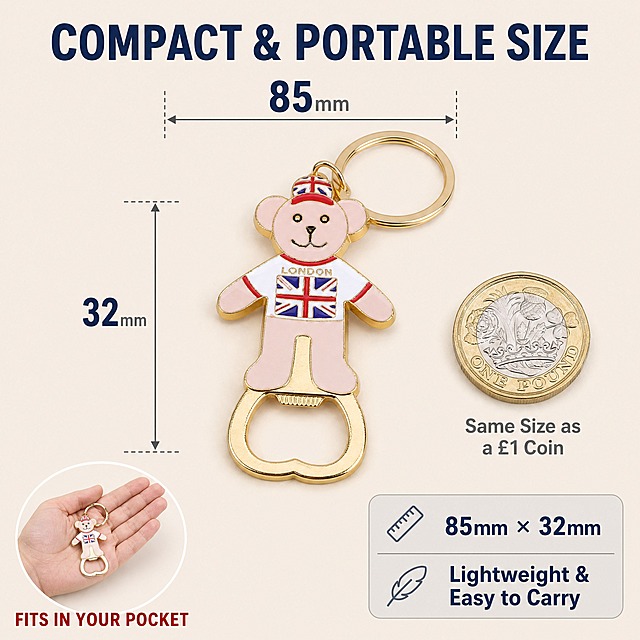 [主图-5] London British Bear Bottle Opener Keychain 尺寸规格图，标注产品尺寸和便携性。
[统一基调] 英伦精致纪念风，低饱和中性色，真实商业摄影质感，克制专业信息图风格；全套统一字体为无衬线粗体英文，标题字色深海军蓝，辅助字色中灰，强调色英国红；组件样式为细线图标+圆角浅灰卡片。
[画面] 产品为英国伦敦小熊造型开瓶器钥匙扣，正面平放在画面中央，占比约50%；背景为浅米色纯色背景；产品四周有尺寸标注线和箭头：水平方向标注总长度85mm（含钥匙圈时的整体长度），垂直方向标注最大宽度32mm；右下角放置一枚标准硬币（1英镑硬币）作为尺寸参照物，直观展示产品小巧便携；左下角有一个手掌托着产品的小插图，展示手持比例。
[光影质感] 干净的产品摄影棚拍质感，均匀柔和的顶光，底部轻微接触阴影，产品平整无变形，金色和珐琅质感清晰真实。
[配色] 浅米色主背景，深海军蓝标题和尺寸数字，中灰色尺寸标注线和辅助文字，英国红强调便携关键词。
[文字版式] 顶部中央大标题"Compact & Portable Size"，深海军蓝粗体无衬线大字体；尺寸标注采用工程标注样式，数字大号深海军蓝，单位mm小号中灰；硬币旁标注"Same Size as a £1 Coin"，中灰色字体；手掌插图下方标注"Fits in Your Pocket"，英国红色粗体短词；右下角圆角浅灰卡片内列出"85mm × 32mm"和"Lightweight & Easy to Carry"两行信息；文字布局清晰，不遮挡产品主体。
[输出要求] 1:1正方形比例，尺寸标注清晰准确，产品清晰，文字清晰可读；禁止变形、错字、模糊、杂乱、水印、平台Logo；标注线对齐准确，参照物比例真实。
