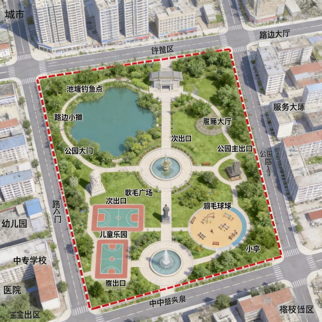 参考图片红线范围内，设计公园俯视图，包含池塘钓鱼点，路边小摊，服务大厅，公园主入口，公园主出口，公园次入口，次出口，歌唱广场，羽毛球场，雕像，儿童乐园，小亭，中心喷泉，保持原用地红线轮廓，平面示意图风预览效果