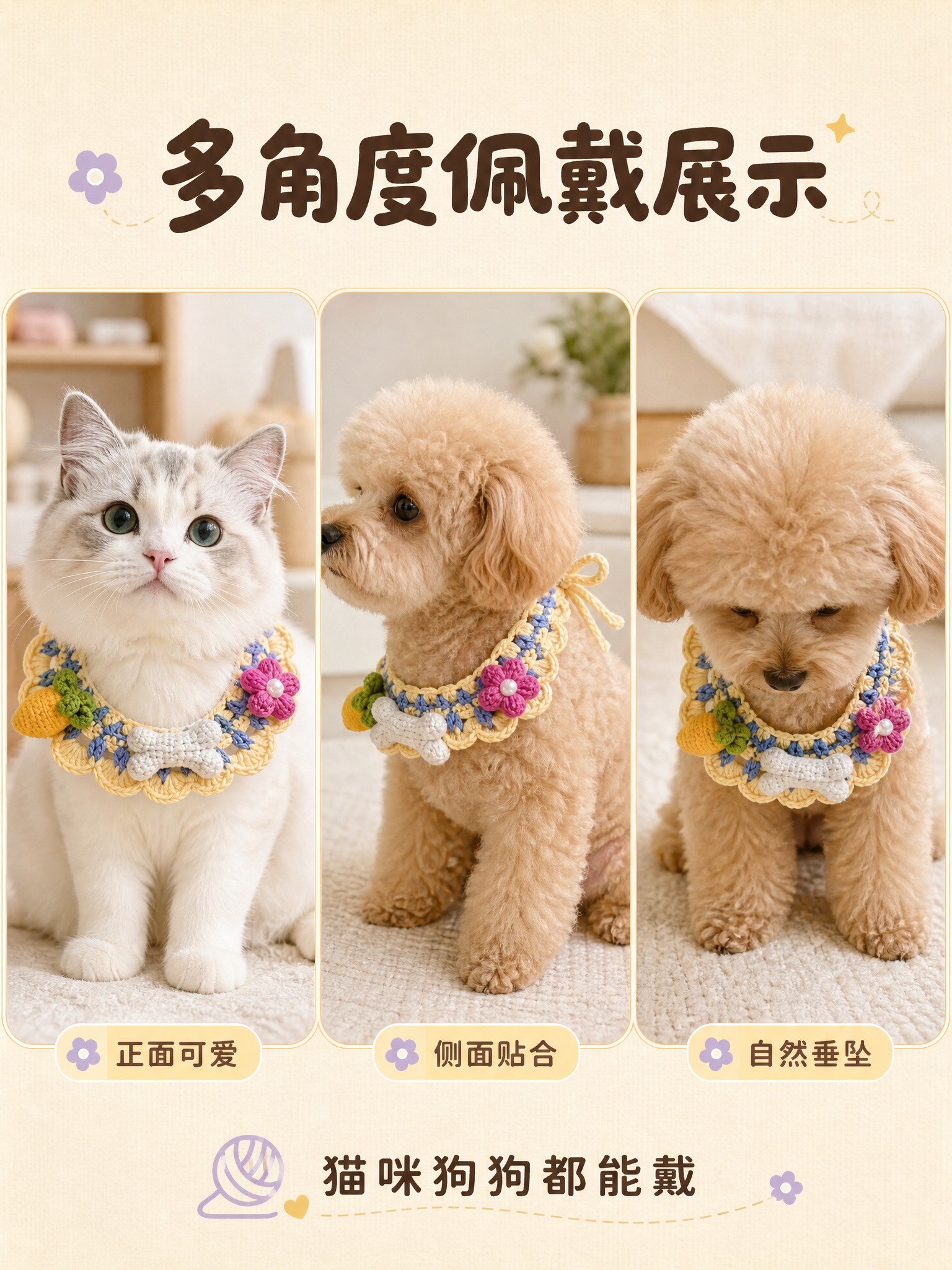 [商品] 使用【图1】手工针织宠物口水巾，蓝黄胡萝卜小花骨头款… - 图片创意预览