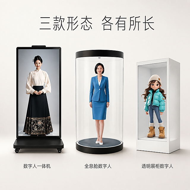 [主图-3] 三款数字人产品形态对比展示，极简排版。
[统一基调] 极简高端质感风格，米白色到浅灰色柔和渐变背景，干净通透，高级感，去科技风。
[画面] 画面采用横向三列布局，每列展示一款产品的完整形象，三款产品大小一致，水平排列，间距均匀。左列：数字人一体机（黑色立式大屏带滚轮底座，汉服女性数字人）；中列：全息舱数字人（圆柱形透明舱，职业装女性数字人）；右列：透明展柜数字人（白色长方体透明展柜，卡通女孩数字人）。每款产品下方有简洁的产品名称。
[光影质感] 高端商业摄影质感，统一柔和光照，每款产品底部有细腻接触阴影，材质表现真实，玻璃通透感强，无科技光效。
[配色] 背景米白到浅灰柔和渐变，产品名称文字为深灰色，整体干净素雅。
[文字版式] 画面顶部居中主标题，深灰色细体大字写"三款形态 各有所长"；每款产品下方有产品名称，深灰色简洁无衬线字体，字号适中，留白充足。
[输出要求] 1:1正方形，2048px，三款产品清晰完整，布局均衡极简。负向：模糊、变形、科技光效、光点、杂乱、拥挤。