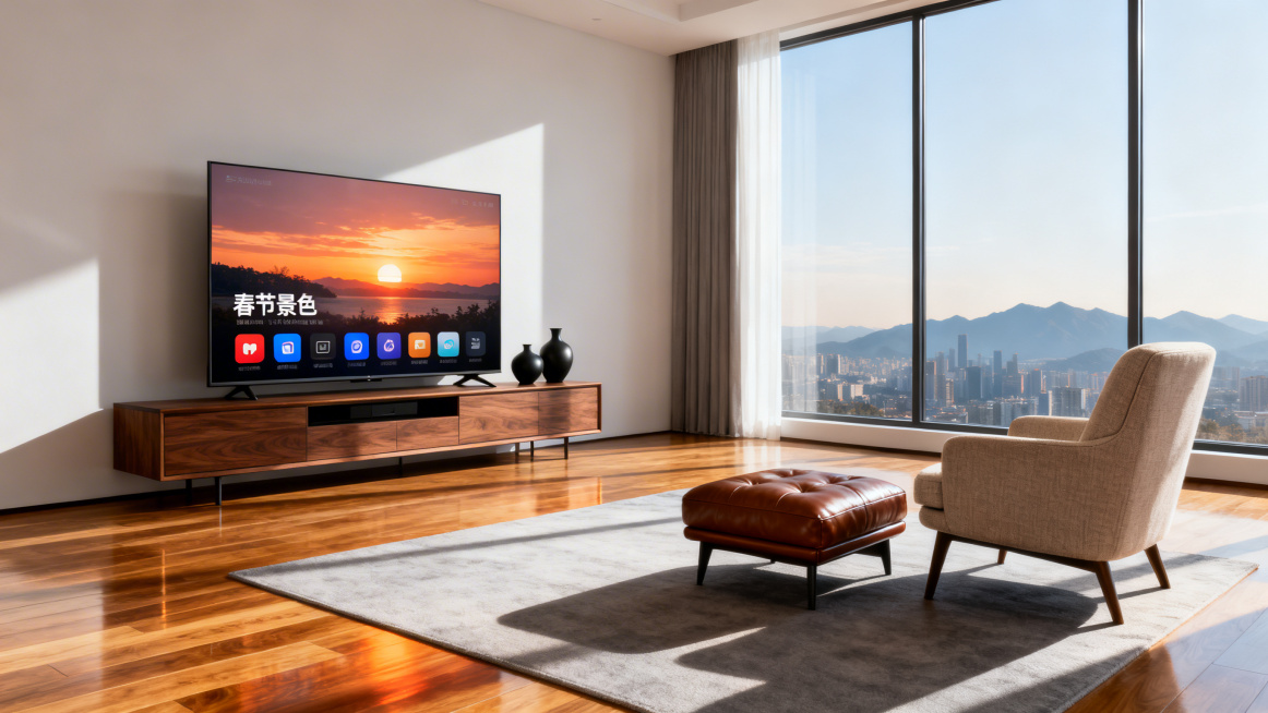 现代简约风格客厅场景，阳光从画面右侧巨大落地窗洒入，木地板泛着温暖光泽，浅咖色布艺单人沙发搭配咖色皮质脚凳，胡桃色电视柜上放着激光电视，电视屏幕显示春节景色，下方应用图标清晰，电视柜上摆两个简约黑色陶预览效果