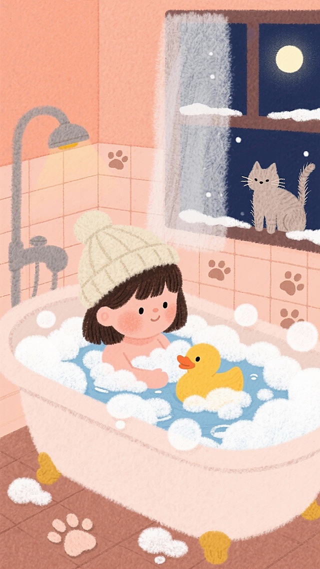 水彩风插画，拟人化小女孩戴毛线帽泡澡，窗外雪夜猫咪凝望，泡泡与爪印点缀，温馨梦幻冬日场景。