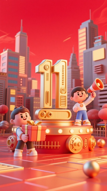 3D卡通风格，以红色为基调的竖版背景，远景是城市建筑群，主体是金色机械风的立体数字装置“11”，旁边有两个卡通人物，一个手持礼物盒，一个举着喇叭，整体画面充满童趣与商业活力，色彩明快，层次丰富，兼具促预览效果