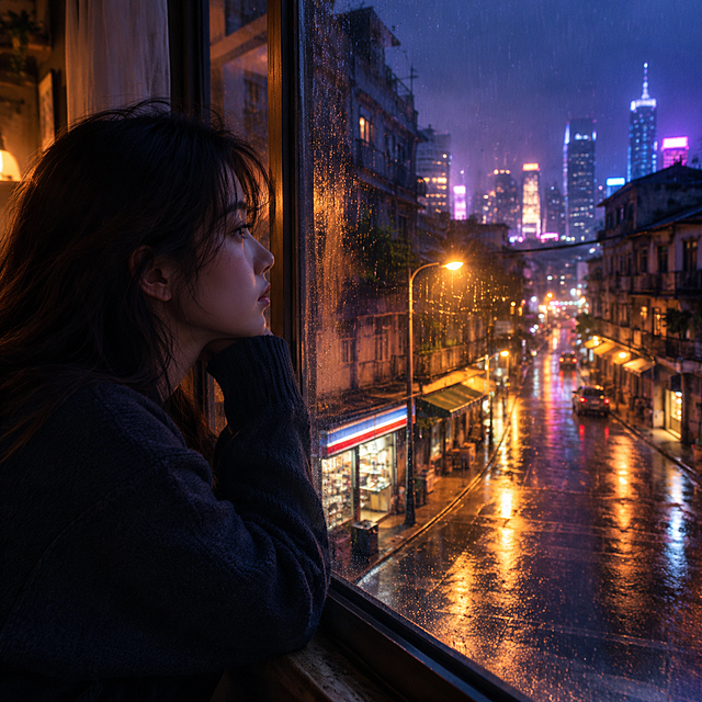 都市情感歌曲封面，夜晚低矮街道场景，暖黄色街灯洒在湿漉漉的柏油路上，街边有老旧的便利店和骑楼，一位年轻女歌手侧身站在窗边望向窗外，窗外是朦胧的城市夜景和远处的霓虹灯光，空气中飘着细雨，画面色调偏蓝紫与暖橙对比，电影感光影，忧郁而温柔的氛围，细腻写实风格，正方形构图，无任何文字信息