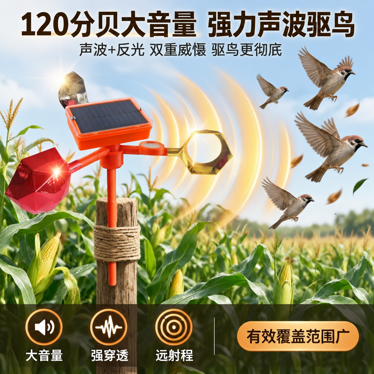 [主图-3] 声波驱鸟与大音量卖点图，主题为120分贝大音量强… - 图片创意预览