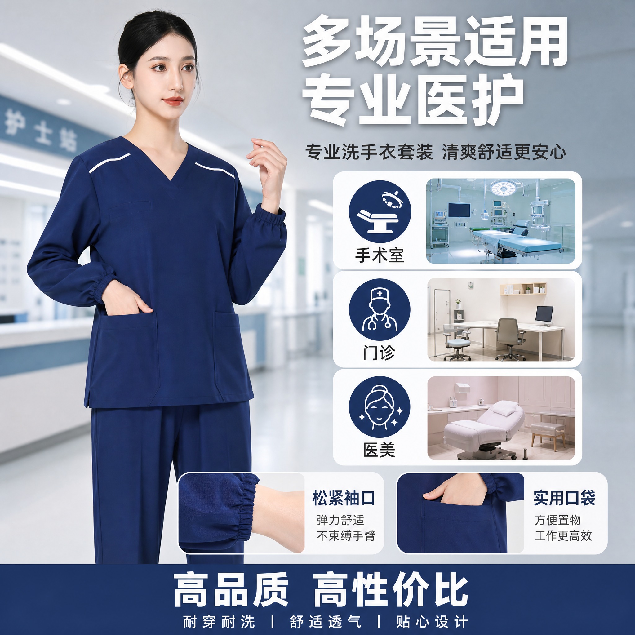 [主图-3] 多场景适用图，展示洗手衣在医护工作场景中的实用性… - 图片创意预览