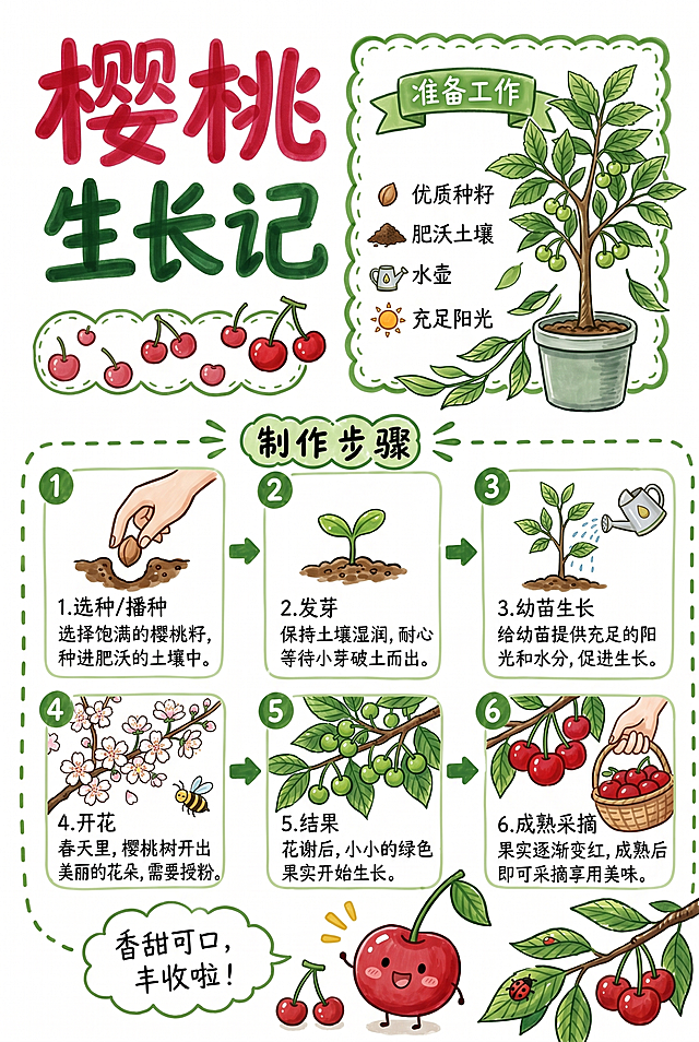 参照参考图的排版风格，制作樱桃生长过程记录手抄报，标题为“樱桃生长记”，马克笔手绘风格，分为准备和生长步骤几个板块，整体清晰可爱，绿色清新配色，尺寸210*297mm