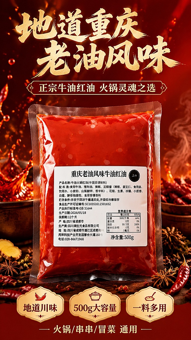 重庆老油风味牛油红油火锅底料宣传海报，竖版9:16，写实商业摄影风格，热辣烟火食欲感。

【产品保真】袋装牛油红油100%还原上传商品图的产品外形、包装、LOGO、印刷文字、净含量，以上传图为唯一商品主体来源，完整保留原图中的袋装轮廓、结构、比例、标签版式、品牌logo、口味文字、容量信息、材质质感、红色油体颜色与正面朝向，包装配色、产品结构、标签布局均与上传图保持一致；正面朝向以标签主要信息清晰可读为准，商品主体占比55%～65%，文字不遮挡主体。

【场景与氛围】背景为深红到橙红的渐变暖色调，营造重庆火锅热辣氛围。产品居中偏下放置，周围点缀干辣椒、花椒、八角、姜片等火锅香料食材，少量红油泼溅动势点缀，增加食欲冲击感。背景有朦胧的火锅热气升腾效果，暖光从侧前方打亮产品，柔和阴影，整体色调浓郁热烈，充满川渝烟火气息。

【版式与文字】主标题位于画面上半部分，大字醒目："地道重庆老油风味"；副标题在主标题下方："正宗牛油红油 火锅灵魂之选"；产品下方或侧面分布3个卖点标签："地道川味"、"500g大容量"、"一料多用"；底部辅助小字："火锅/串串/冒菜 通用"。所有文字清晰可读，排版精美，层级分明，四周留足安全边距。

【配色】主色：正红、橙红、暖金；点缀色：辣椒红、花椒绿；整体红金暖调，热辣浓郁。

画面中所有数字必须精确渲染，不得错位、遗漏或编造。画面中所有信息区域必须填充完整合理的内容，不得出现空白框、空白占位、横线待填写区域。