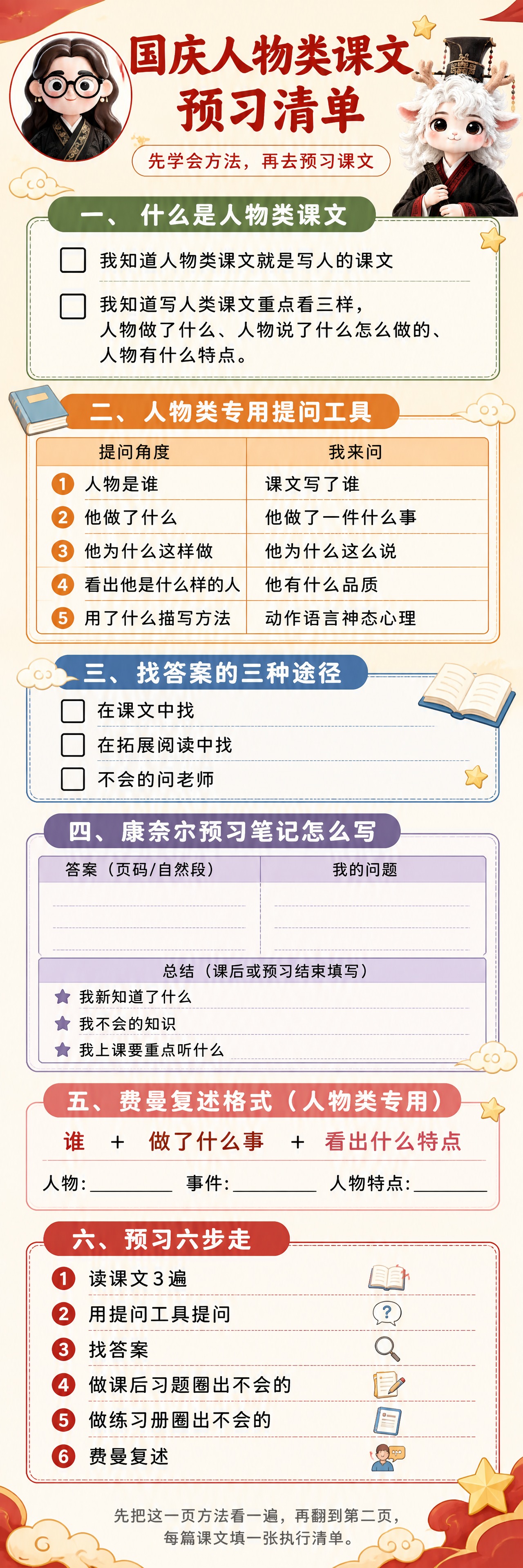 国庆人物类课文预习方法清单页，国风手账学习风，可爱童趣实用，适… - 图片创意预览