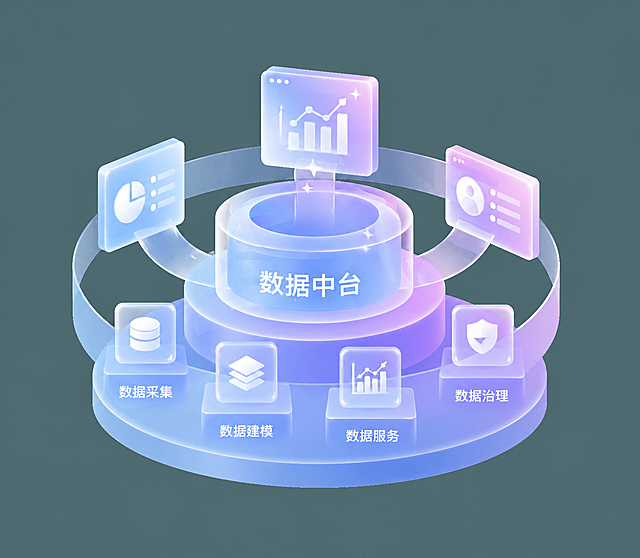 参考提供的图片风格，生成一个企业数据中台建设的icon，保持原有的渐变半透明玻璃质感，浅蓝紫粉色调，柔和星光点缀，简约干净的扁平化设计风格，主题为企业数据中台建设