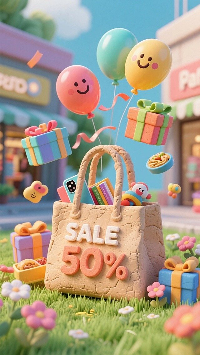 购物袋的3D插图包含产品和大标志SALE 50%。周围是五颜六色的礼品盒，里面装着手机、书籍、玩具和食物等产品。笑脸和气球在空中漂浮。周围有飘带，包坐在草地上，旁边有一些花，购物中心景观，鲜艳的色彩