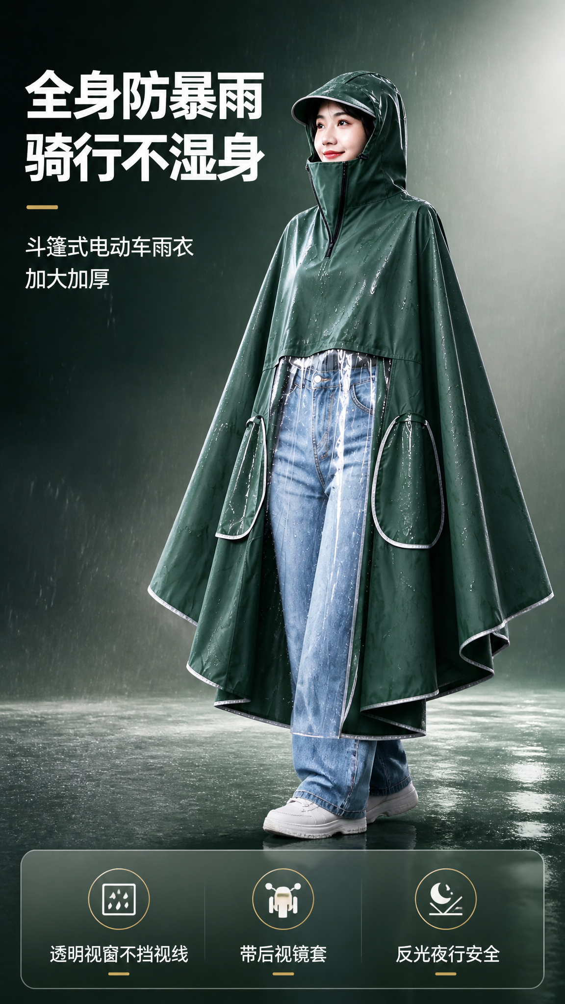 [商品] 使用【图1】墨绿色斗篷式连帽电动车雨衣；保留斗篷版型… - 图片创意预览