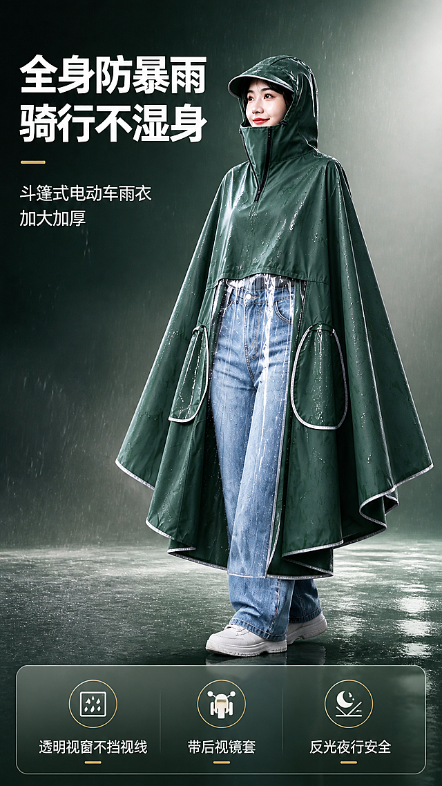 [商品] 使用【图1】墨绿色斗篷式连帽电动车雨衣；保留斗篷版型、连帽设计、高领拉链、透明前挡视窗、两侧口袋、反光包边、墨绿色面料和水滴效果；自然理顺衣身垂坠，增强面料防水光泽、缝线和包边质感，不改变版型结构。
[画面] 目标：头图海报，突出全身防暴雨与时尚斗篷版型。构图：上下分栏，上半部分产品主体占画面65%，亚洲女性模特侧身站立展示雨衣全貌，下半部分信息区。背景：渐变深绿到浅灰的高级影棚背景，带柔和雨丝光效。阅读动线：从上到下，先看产品再看文案。前中后景：前景雨滴粒子，中景模特与雨衣，后景渐变光影。
[视觉] 套系策略：风格=高级商业摄影风，简约通透有质感；标题字=粗黑体，现代无衬线；正文字=常规黑体，清晰易读；主色=墨绿色；背景延展=基于墨绿色做深浅渐变、同色系明暗层次、哑光质感背景；强调色=亮白色+浅金色，仅用于小面积图标、引线、标签和高光；标题色=白色；正文色=浅灰白色；组件=圆角半透明信息卡、细线引线、胶囊标签；光影=左前侧柔光，右侧轮廓光，雨衣表面有真实水滴反光。
[文字] 顶部主标题"全身防暴雨 骑行不湿身"，副标题"斗篷式电动车雨衣 加大加厚"，底部3个短卖点胶囊标签："透明视窗不挡视线"、"带后视镜套"、"反光夜行安全"，文字区不遮挡雨衣主体和面部。
[规格] 图片比例9:16竖版，4K，负向提示：避免变形、错字、文字过小、颜色改变、版型失真、冷蓝背景、水印、二维码。