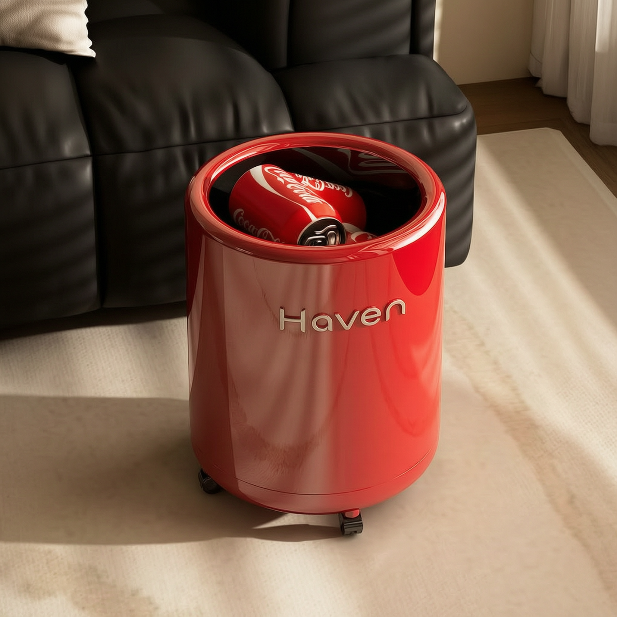 将参考图中的红色垃圾桶商品主体替换为用户提供的白底图中的Hav… - 图片创意预览
