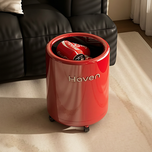 将参考图中的红色垃圾桶商品主体替换为用户提供的白底图中的Haven品牌红色垃圾桶，保留参考图原有的黑色沙发、地毯、木地板、窗户光影等背景环境、空间布局、镜头角度、构图关系、光线方向、色调氛围、地面材质、阴影位置和视觉风格。根据参考图的空间透视，合理调整商品大小、位置、旋转角度和接触关系，使商品自然放置在场景中。必须精准保留用户白底商品的外形、结构、颜色、材质、纹理、Logo文字、滚轮配件和真实比例，不得改变商品自身结构、形状、颜色、材质和比例，不得拉伸、压缩、变形。删除参考图中原商品的品牌Logo和文字（包括桶身上的"UFORU"以及上方的"12L大容量 一桶装下一天量"等所有文字），原文字区域保留干净留白。桶内的可乐罐保留。让商品真实融入参考场景，匹配参考图的光线方向、亮度、色温、反射、高光和阴影，商品边缘清晰自然，无白边、黑边、发光边或抠图痕迹。高清真实电商商品图，细节清晰、材质自然、边缘干净、无噪点、无模糊、无重影。