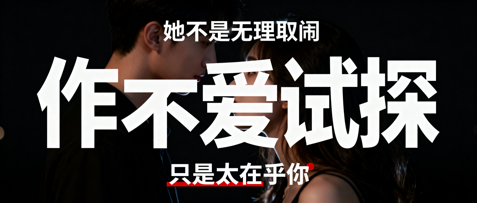 情感文案公众号封面设计，整体偏暗情绪氛围感，背景为情侣冷战场景，女生侧脸，黑底背景，文字排版：上方小字"她不是无理取闹"，中间大字加粗占画面60%，放大突出关键词"作""爱不爱""试探"，下方小字"只预览效果