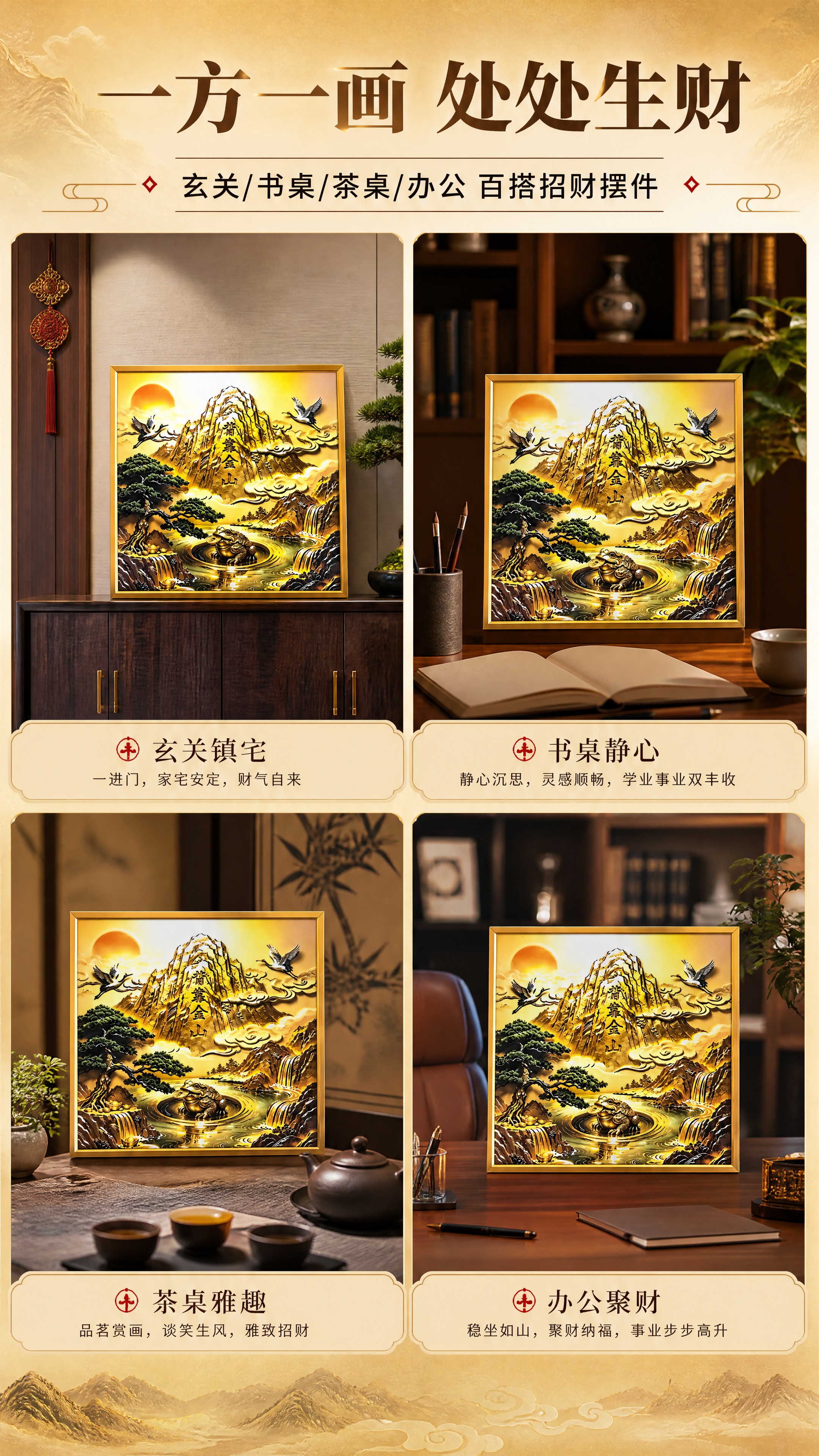 [商品] 使用【图1】背靠金山金蟾装饰画；保留金色铝合金方形边… - 图片创意预览