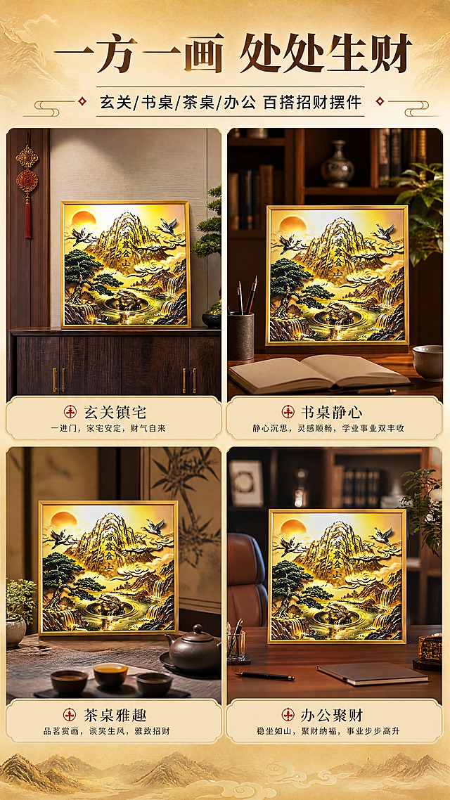 [商品] 使用【图1】背靠金山金蟾装饰画；保留金色铝合金方形边框、金色山水浮雕画面、"背靠金山"文字、金蟾、仙鹤、松树等全部图案；商品处理：保留产品原貌，分别放置在不同场景中，透视和光影与场景自然融合，产品不带灯光效果。
[画面] 目标：场景种草，展示多场景摆放效果，体现百搭属性；构图：四宫格拼图布局，左上玄关柜场景、右上书桌场景、左下茶桌场景、右下办公室场景，每格各放一幅装饰画；景别：中景+近景结合；阅读动线：从左上到右下逐格浏览；前中后景：每格都有前景装饰、中景产品、后景空间；场景：4个不同真实家居/办公场景，新中式风格，暖色调，自然生活化光影。
[视觉] 套系策略：风格=新中式轻奢国潮商业摄影风；标题字=粗宋衬线体+现代黑体组合；正文字=简洁无衬线黑体；主色=鎏金+深棕；背景延展=基于金色做深浅渐变、山水纹理暗纹和细腻金属质感；强调色=朱砂红，仅用于小面积图标、引线和标签点缀；标题色=深棕金；正文色=暖棕灰；组件=圆角金色信息卡、细线引线、祥云装饰元素；光影=每格场景自然暖光，产品与场景光影统一。
[文字] 顶部主标题：一方一画 处处生财；副标题：玄关/书桌/茶桌/办公 百搭招财摆件；每格下方配短文案：玄关镇宅｜书桌静心｜茶桌雅趣｜办公聚财；文字横向排版，位于画面顶部和每格下方，字号手机端可读，不遮挡产品主体。
[规格] 图片比例9:16竖版，4K分辨率，负向提示：避免变形、错字、文字过小、产品带灯光、图案错乱、场景违和、透视错误、冷色调。