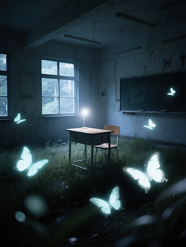 空旷的教室，整个教室长满茂密的草，一个课桌摆在正中间，周围飘着发光的蝴蝶，外面是白天