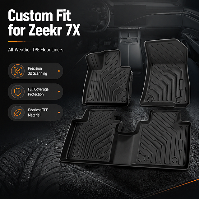 [商品] 使用【图1】Zeekr 7X单层黑色TPE脚垫套装（主驾+副驾+后排一体三片）；保留产品原有立体纹路、凹槽排水设计、圆形固定卡扣位置、黑色TPE材质、边缘高边造型和整体结构比例；增强材质质感与立体感，光影下纹理清晰。
[画面] 目标：头图海报，突出Zeekr 7X专属全包围定制贴合。构图：左文右图，左侧上方大标题+副标题+3个卖点胶囊，右侧产品套装悬浮于深灰渐变背景中，背景融入极氪汽车内饰轮廓剪影；产品占画面约55%，略微仰视角度展示三片套装整体，主驾脚垫在前层突出，后排脚垫在后层展开；前景点缀细微轮胎纹理颗粒，中层产品主体，后层汽车内饰虚化剪影，形成3层视觉。
[视觉] 套系策略：风格=跨境极简专业汽车用品商业摄影风；标题字=现代粗体无衬线英文字体；正文字=简洁无衬线英文字体；主色=深炭灰；背景延展=基于深炭灰做深浅渐变、同色系几何切面分层、细腻磨砂金属质感；强调色=亮橙色，仅用于小面积图标、标签圆点和高亮线条；标题色=纯白色；正文色=浅灰色；组件=圆角深灰信息卡、细线引线、橙色圆点装饰；光影=右前侧硬柔光，产品边缘有轮廓光，立体感强。
[文字] 左上区域：主标题"Custom Fit for Zeekr 7X"，副标题"All-Weather TPE Floor Liners"，下方3个短卖点胶囊："Precision 3D Scanning"、"Full Coverage Protection"、"Odorless TPE Material"；文字全部横向排版，不遮挡产品主体关键结构。
[规格] 图片比例1:1，4K分辨率，负向提示：避免产品变形、缺件、颜色变浅、纹路错乱、中文文字、白底、亚洲面孔、价格信息、绝对化用语。